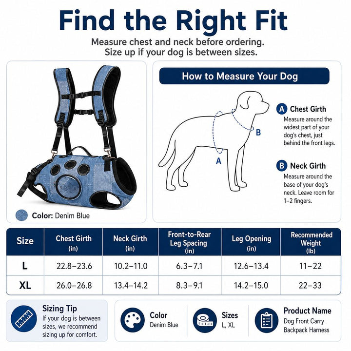 PawLift Denim Hands-Free Dog Carrier Backpack Harness for Walks, Shopping & Outdoor Trips