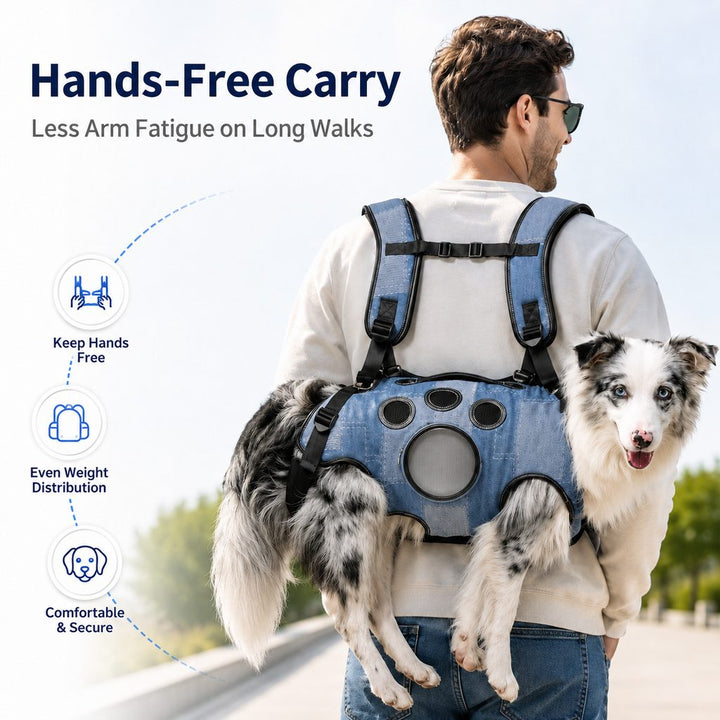 PawLift Denim Hands-Free Dog Carrier Backpack Harness for Walks, Shopping & Outdoor Trips