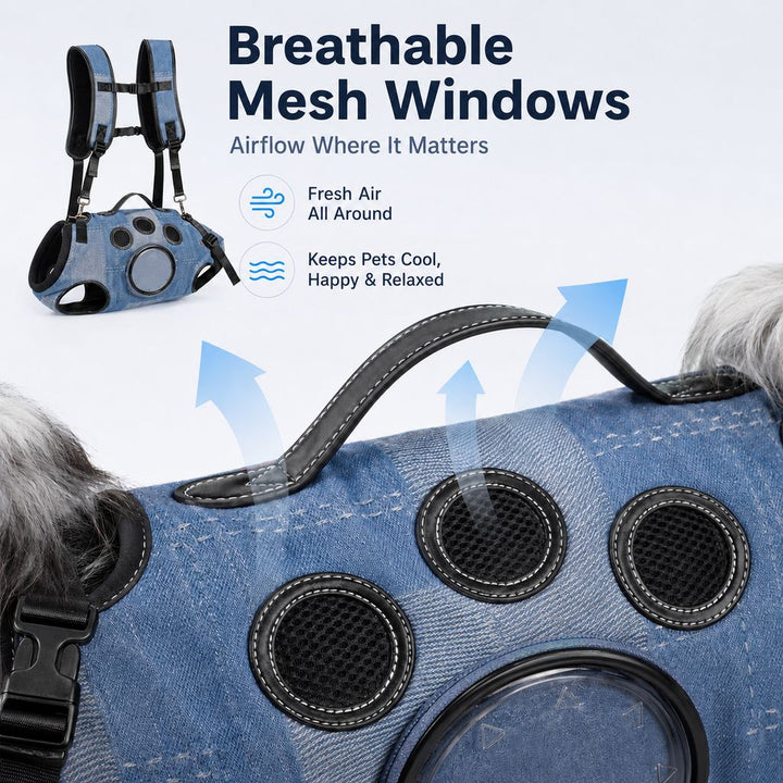 PawLift Denim Hands-Free Dog Carrier Backpack Harness for Walks, Shopping & Outdoor Trips