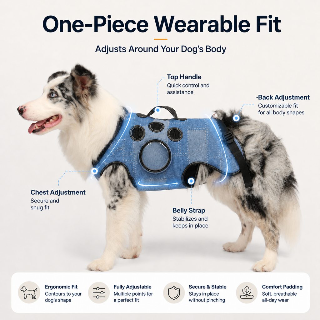 PawLift Denim Hands-Free Dog Carrier Backpack Harness for Walks, Shopping & Outdoor Trips