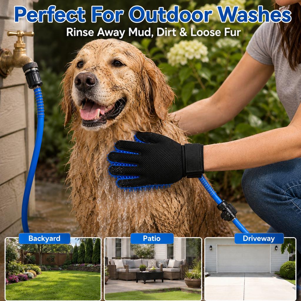 Pet Bathing Glove with Hose for Bathtub & Backyard Washes | One-Hand Water Flow Grooming Glove