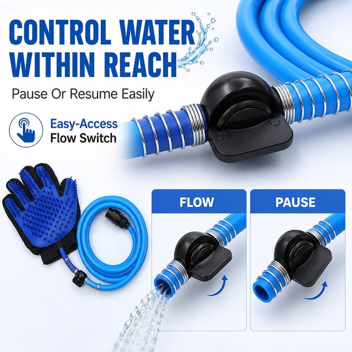 Pet Bathing Glove with Hose for Bathtub & Backyard Washes | One-Hand Water Flow Grooming Glove
