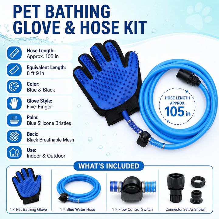 Pet Bathing Glove with Hose for Bathtub & Backyard Washes | One-Hand Water Flow Grooming Glove