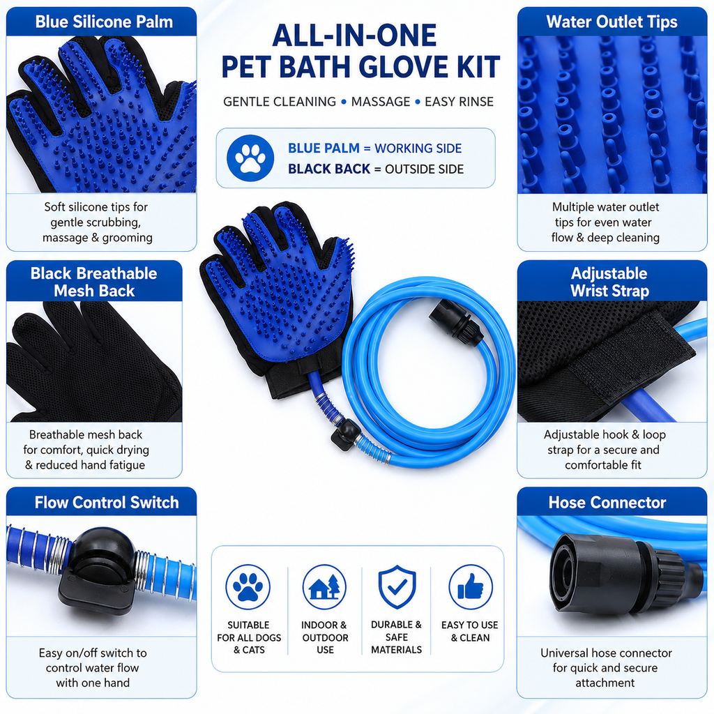 Pet Bathing Glove with Hose for Bathtub & Backyard Washes | One-Hand Water Flow Grooming Glove