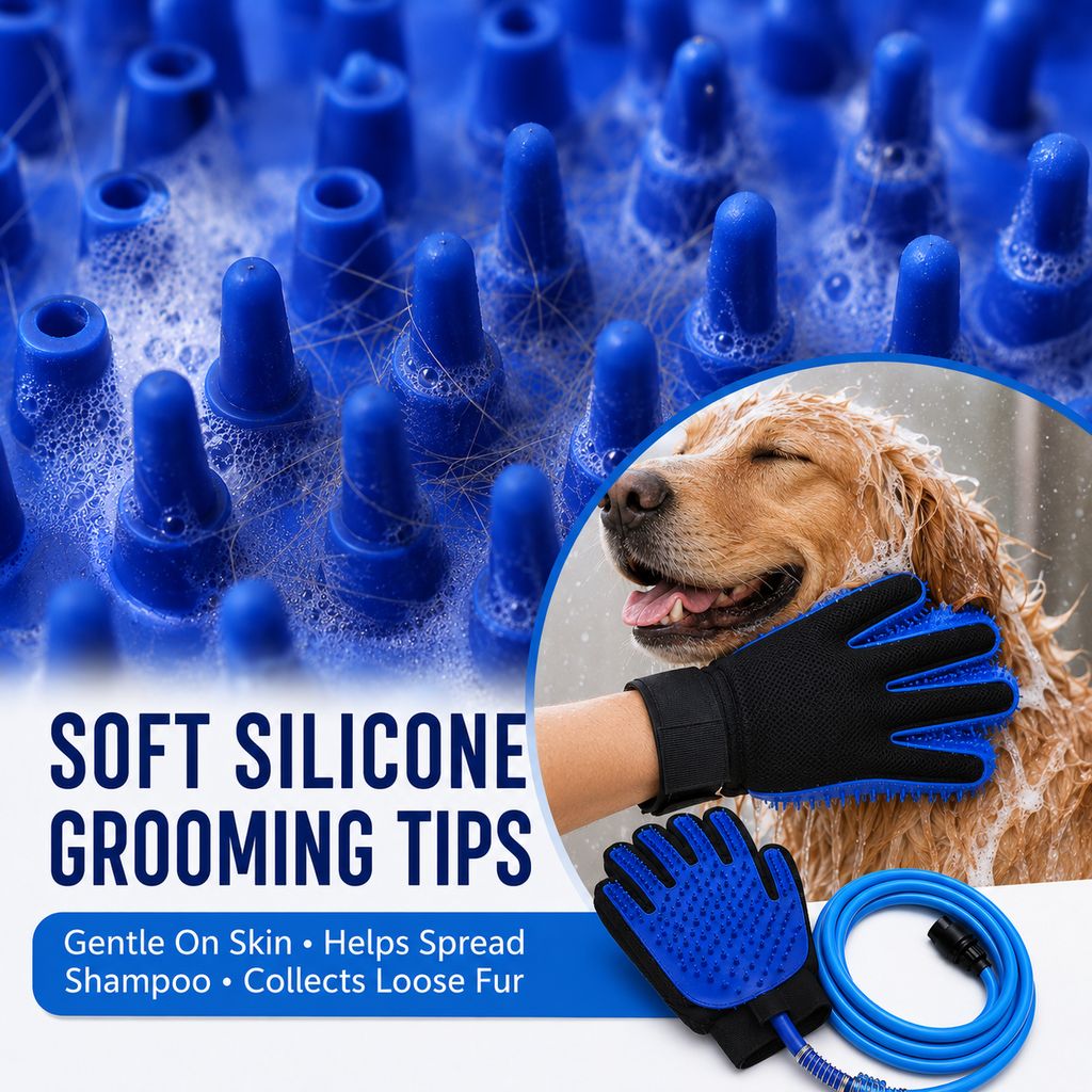 Pet Bathing Glove with Hose for Bathtub & Backyard Washes | One-Hand Water Flow Grooming Glove