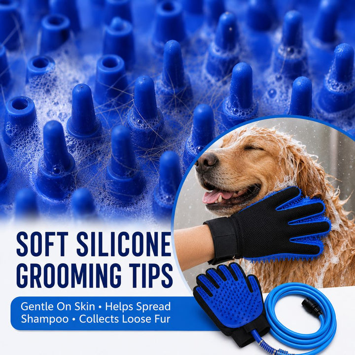 Pet Bathing Glove with Hose for Bathtub & Backyard Washes | One-Hand Water Flow Grooming Glove