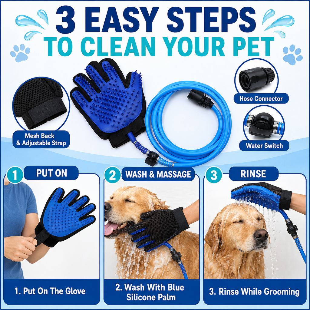 Pet Bathing Glove with Hose for Bathtub & Backyard Washes | One-Hand Water Flow Grooming Glove