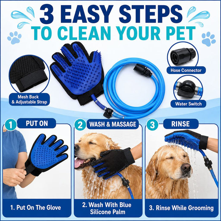 Pet Bathing Glove with Hose for Bathtub & Backyard Washes | One-Hand Water Flow Grooming Glove