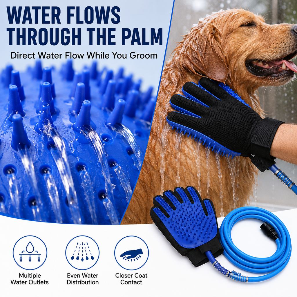 Pet Bathing Glove with Hose for Bathtub & Backyard Washes | One-Hand Water Flow Grooming Glove