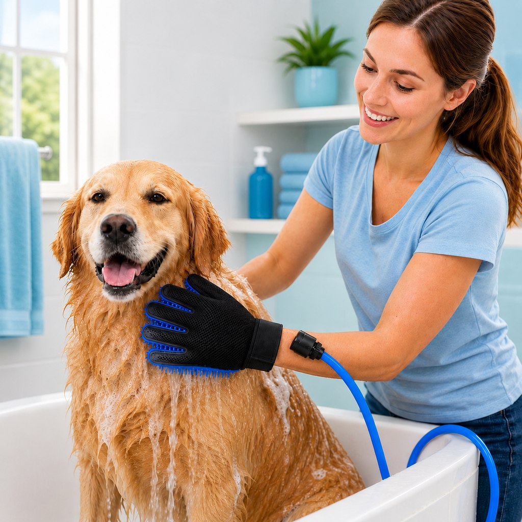 Pet Bathing Glove with Hose for Bathtub & Backyard Washes | One-Hand Water Flow Grooming Glove