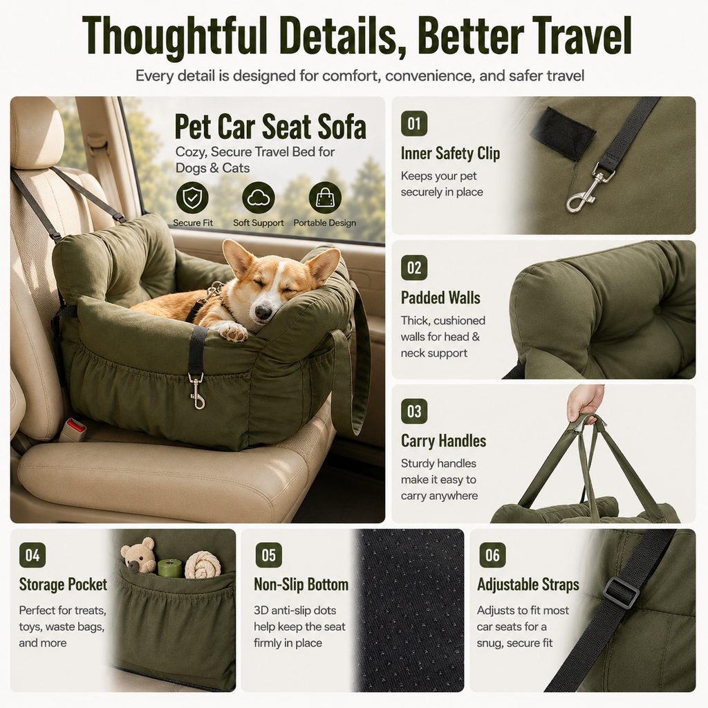 Pet Car Seat Sofa for Road Trips | Cozy Travel Bed for Calmer, More Secure Rides