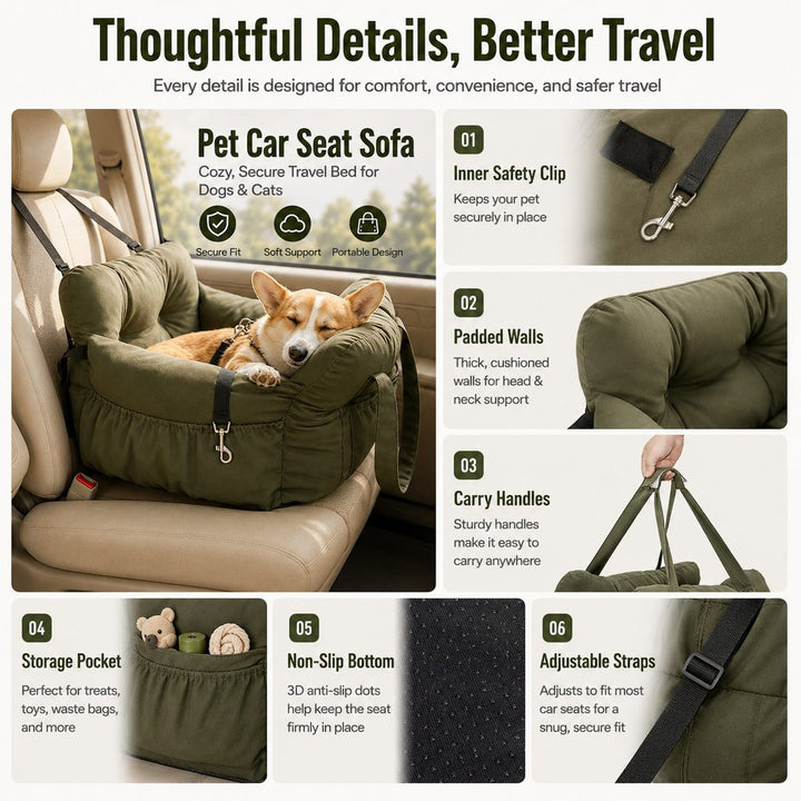 Pet Car Seat Sofa for Road Trips | Cozy Travel Bed for Calmer, More Secure Rides