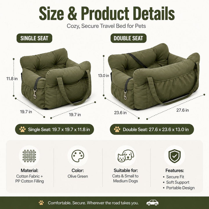 Pet Car Seat Sofa for Road Trips | Cozy Travel Bed for Calmer, More Secure Rides