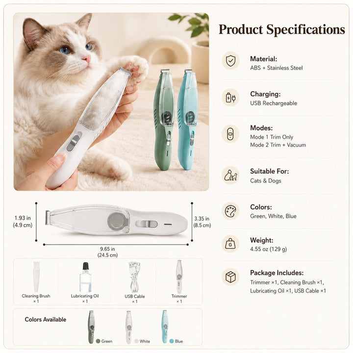 Pet Paw Trimmer with Built-In Vacuum for Cats & Dogs