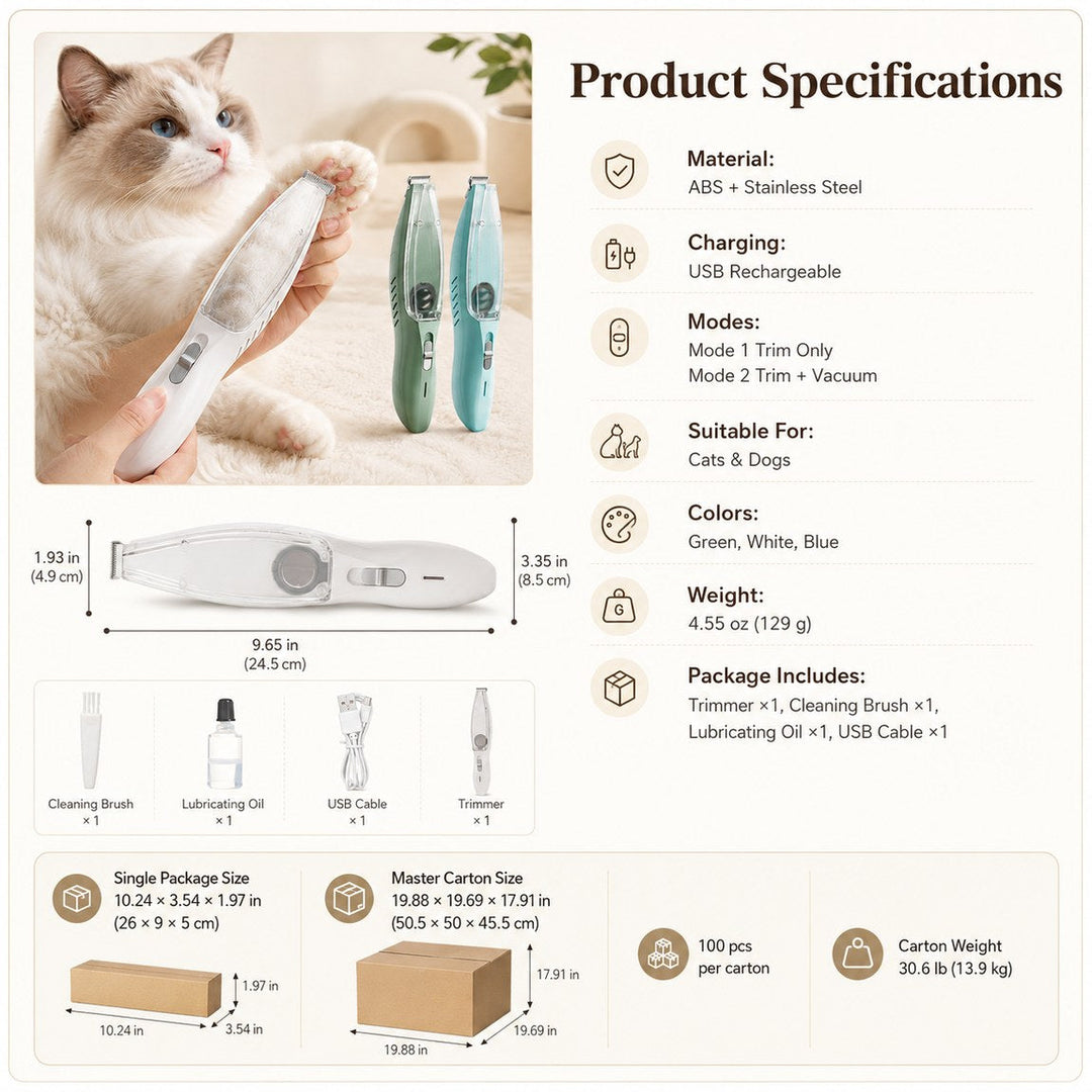 Pet Paw Trimmer with Built-In Vacuum for Cats & Dogs