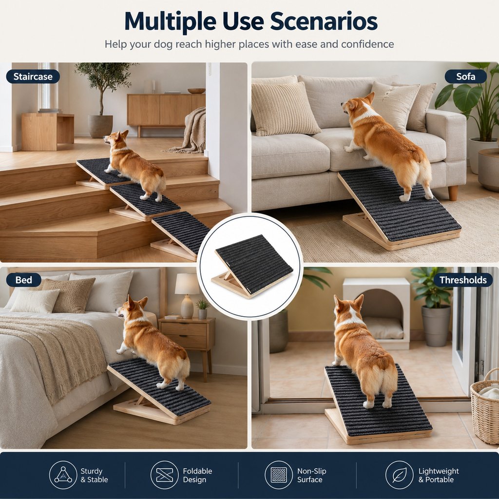 Foldable Wooden Dog Stairs for Small Dogs | Non-Slip Pet Ramp for Sofa, Bed & Indoor Steps