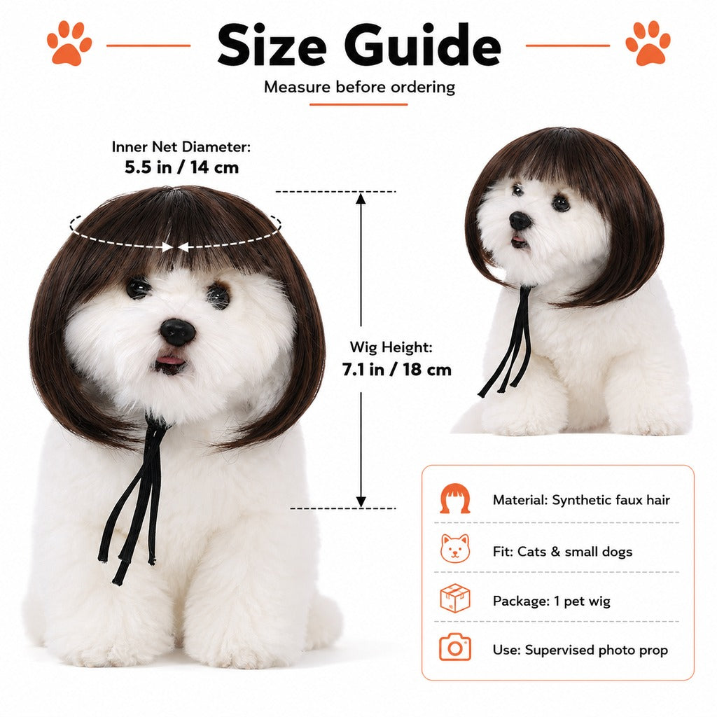 Funny Short Bob Pet Wig for Photos & Parties | Easy Costume Prop for Cats & Small Dogs