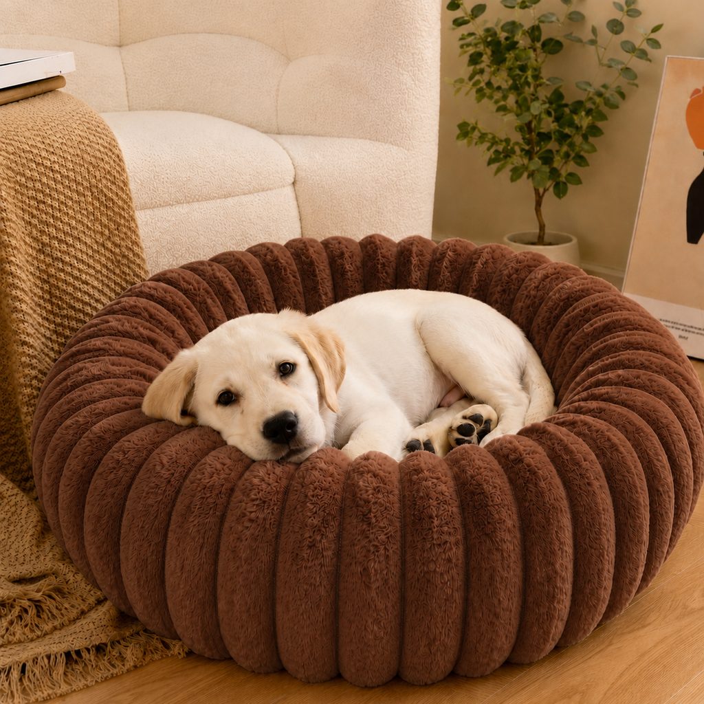 Plush Donut Dog & Cat Bed with Raised Rim | Cozy Ribbed Lounger for Naps & Everyday Rest
