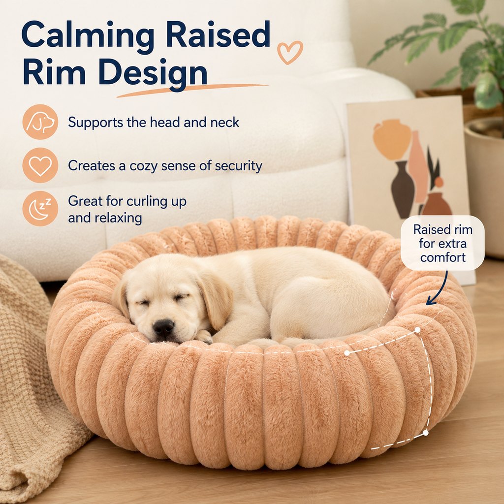 Plush Donut Dog & Cat Bed with Raised Rim | Cozy Ribbed Lounger for Naps & Everyday Rest