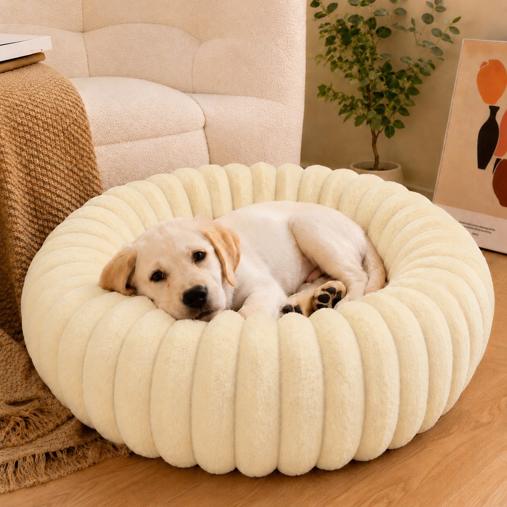 Plush Donut Dog & Cat Bed with Raised Rim | Cozy Ribbed Lounger for Naps & Everyday Rest