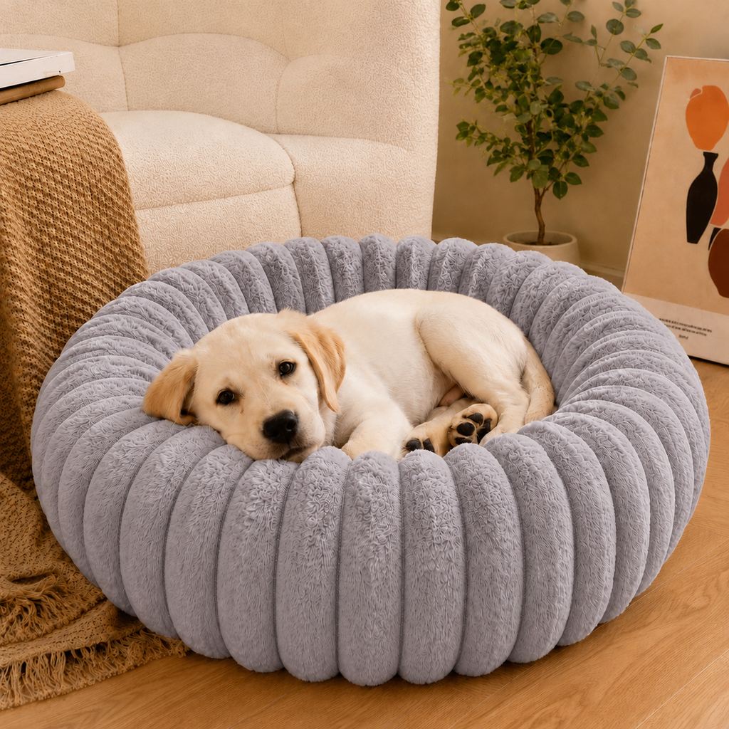 Plush Donut Dog & Cat Bed with Raised Rim | Cozy Ribbed Lounger for Naps & Everyday Rest