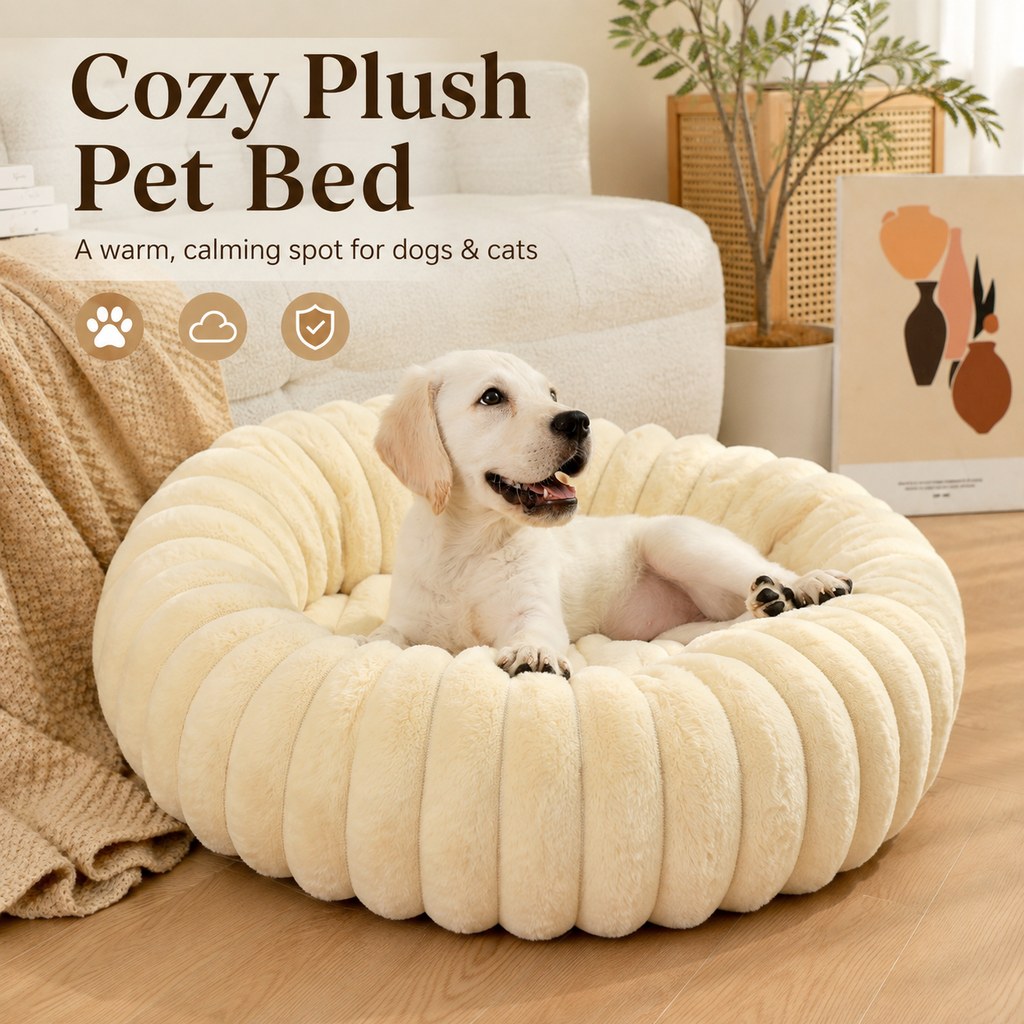Plush Donut Dog & Cat Bed with Raised Rim | Cozy Ribbed Lounger for Naps & Everyday Rest
