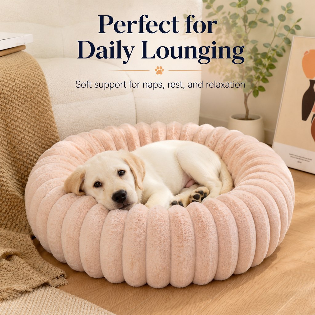 Plush Donut Dog & Cat Bed with Raised Rim | Cozy Ribbed Lounger for Naps & Everyday Rest