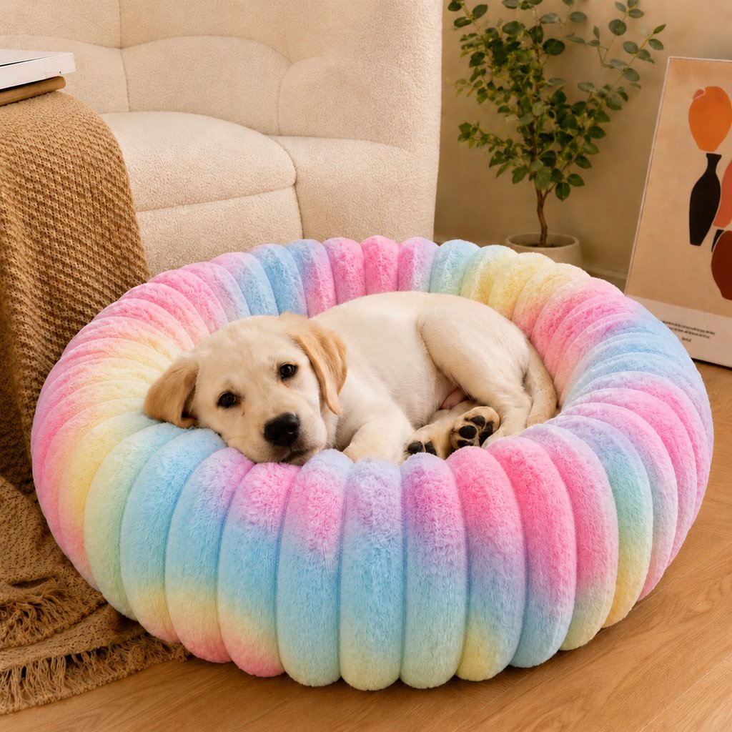 Plush Donut Dog & Cat Bed with Raised Rim | Cozy Ribbed Lounger for Naps & Everyday Rest