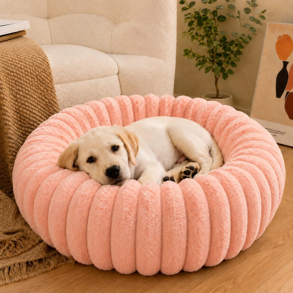 Plush Donut Dog & Cat Bed with Raised Rim | Cozy Ribbed Lounger for Naps & Everyday Rest