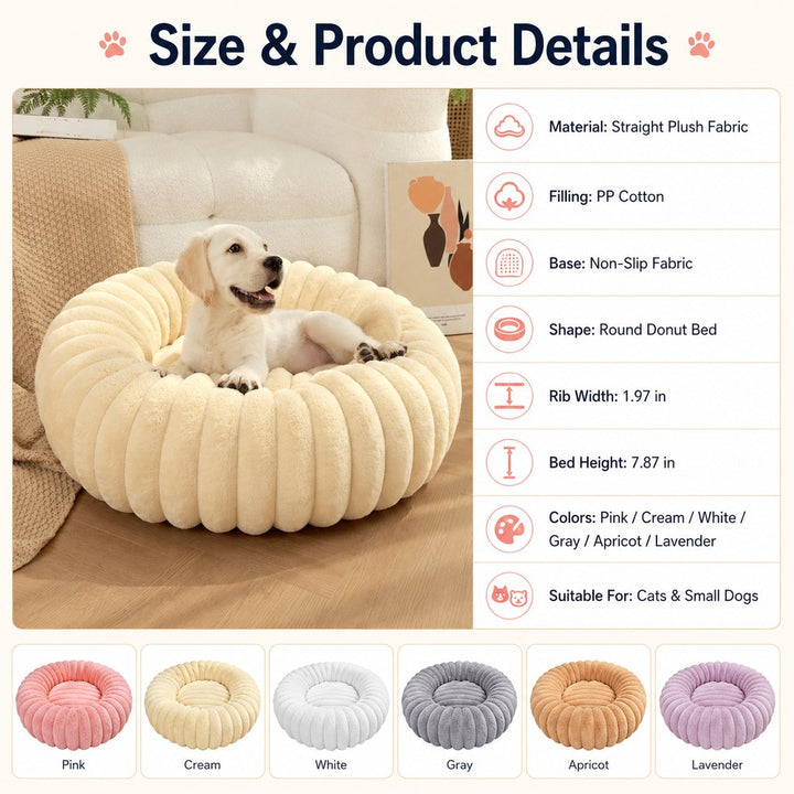 Plush Donut Dog & Cat Bed with Raised Rim | Cozy Ribbed Lounger for Naps & Everyday Rest