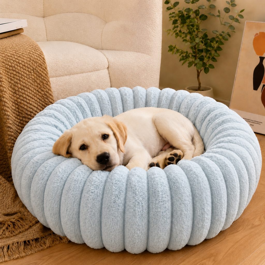 Plush Donut Dog & Cat Bed with Raised Rim | Cozy Ribbed Lounger for Naps & Everyday Rest