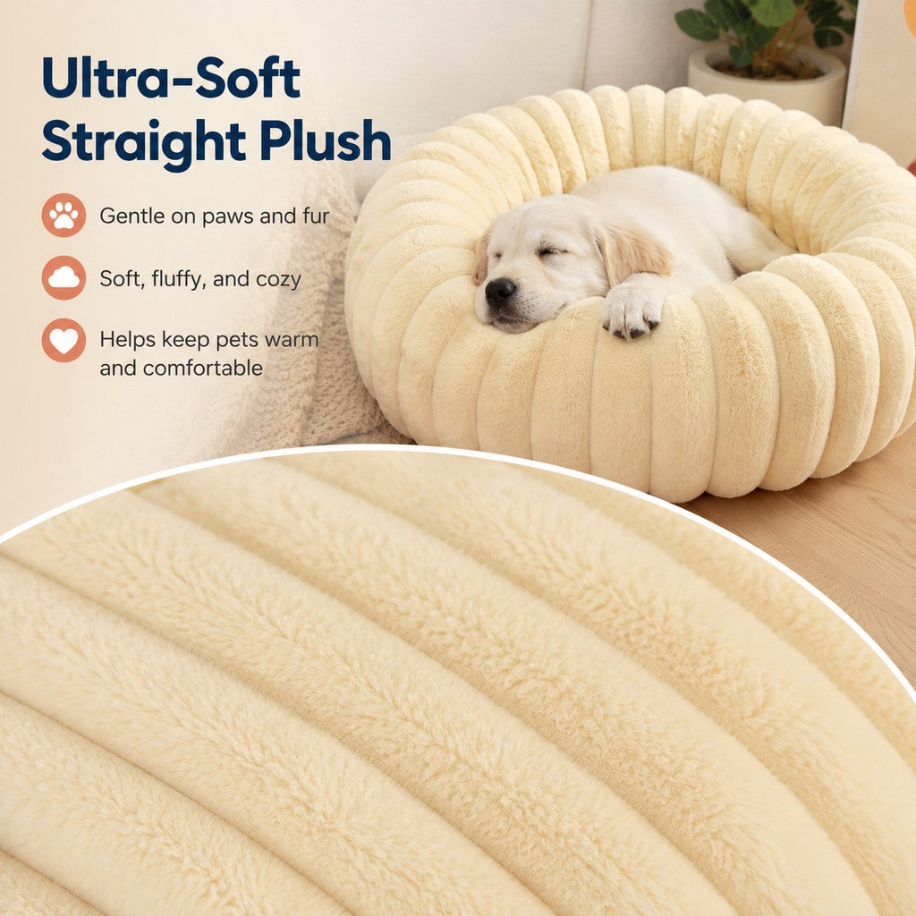 Plush Donut Dog & Cat Bed with Raised Rim | Cozy Ribbed Lounger for Naps & Everyday Rest