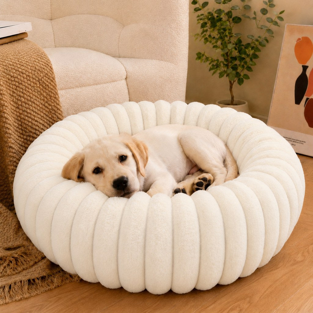 Plush Donut Dog & Cat Bed with Raised Rim | Cozy Ribbed Lounger for Naps & Everyday Rest