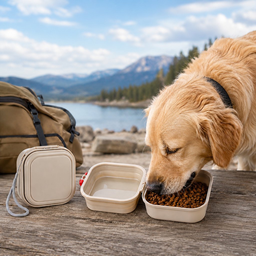 Portable 2-in-1 Folding Pet Bowl for Walks & Travel | Keeps Food and Water Separate