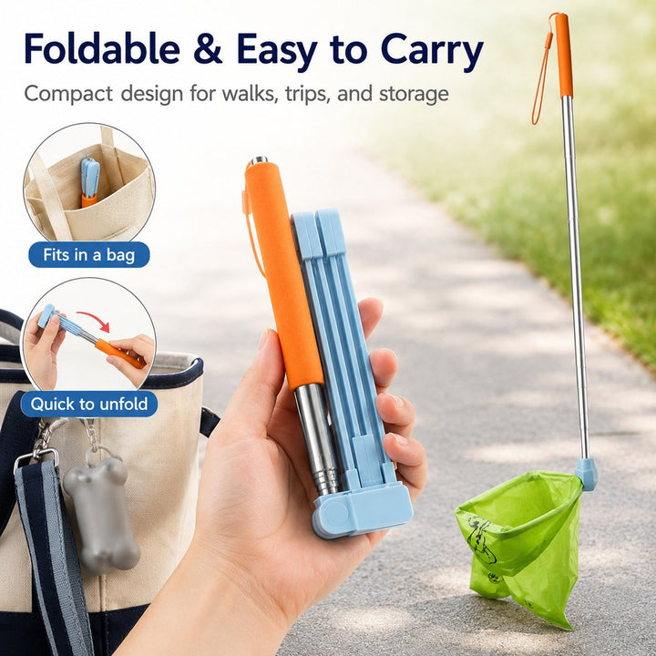 Foldable Dog Poop Catcher for Walks | No-Bend Waste Pickup Tool with Telescopic Handle