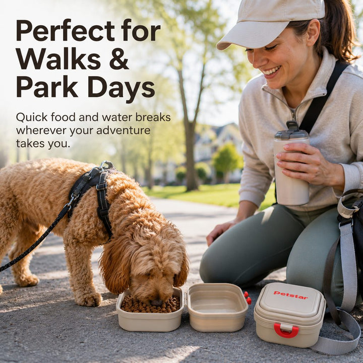 Portable 2-in-1 Folding Pet Bowl for Walks & Travel | Keeps Food and Water Separate