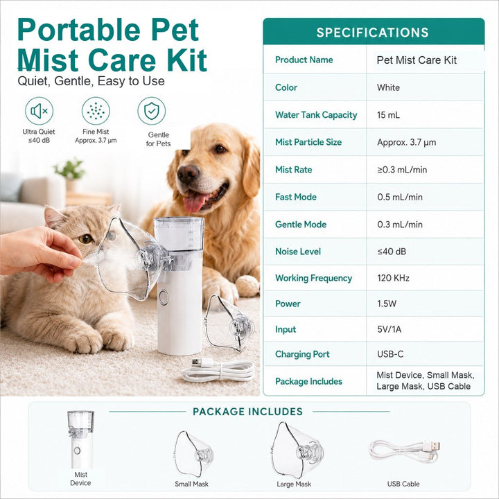 Portable Pet Nebulizer Care Kit for Cats & Dogs | Quiet Mist Device for Senior & Sensitive Pets