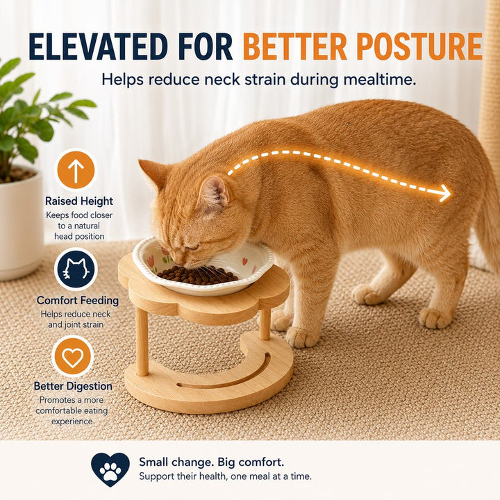 Elevated Ceramic Pet Bowl with Wooden Stand for Cats & Small Dogs