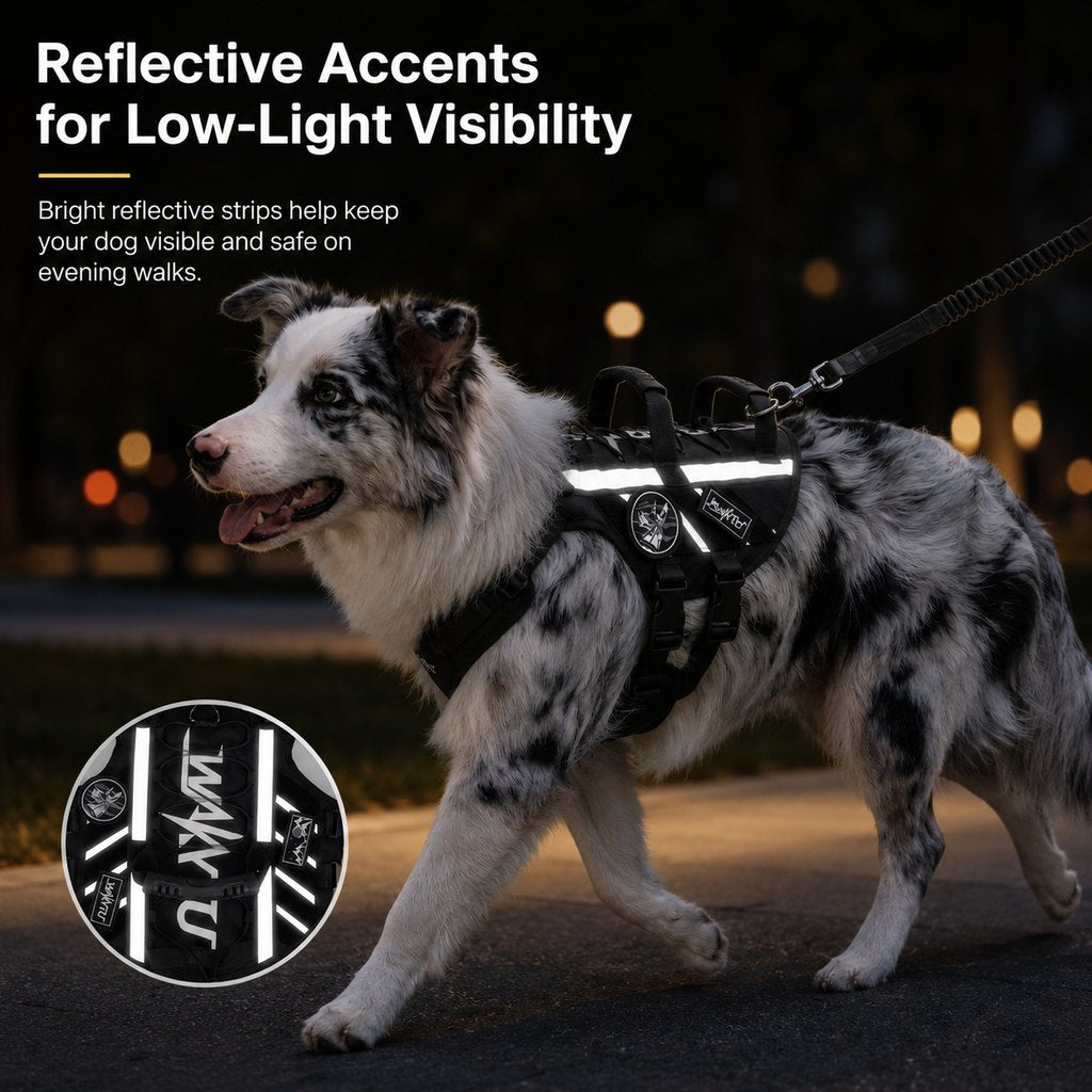 Outdoor Dog Harness & Bungee Leash Set with Dual Handles, Storage Pouch & Patch Accessories for Hiking, Walking and Ever
