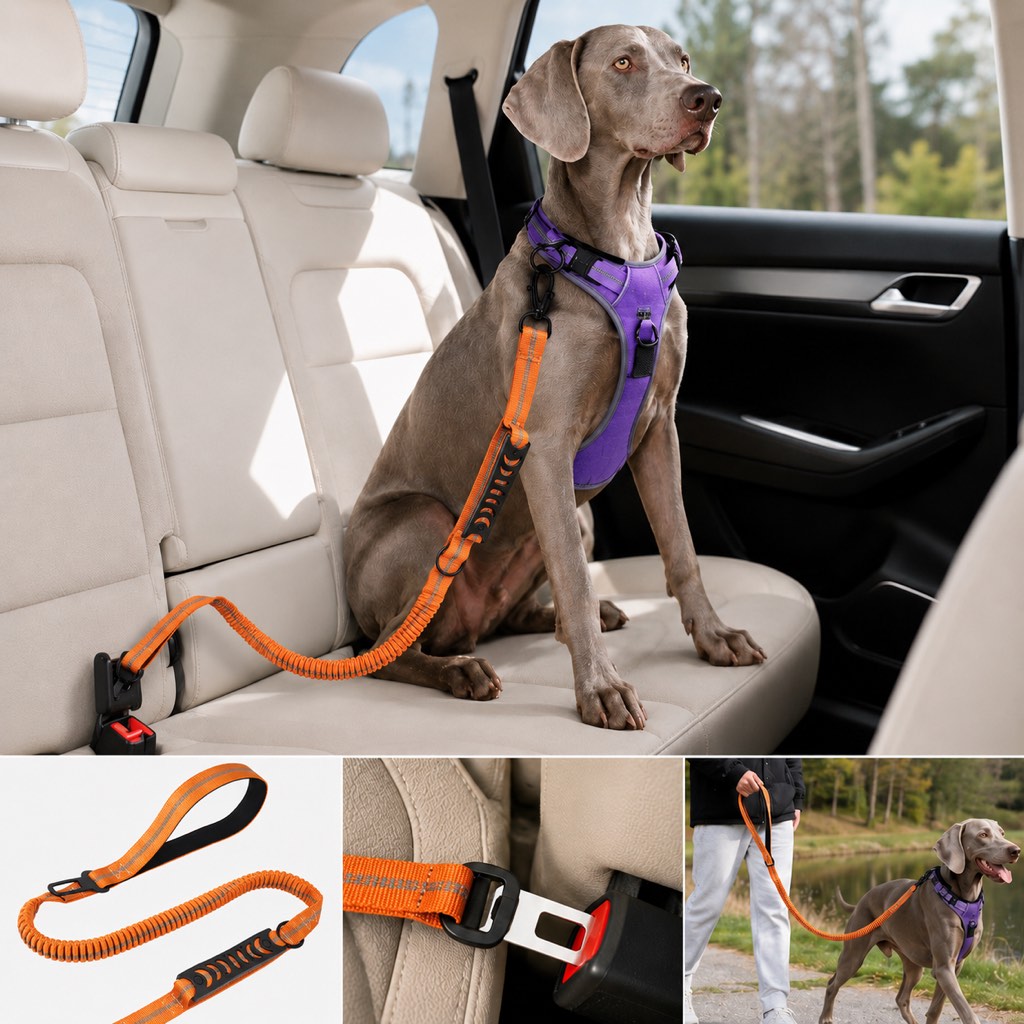 Reflective Dog Car Seat Belt Leash for Backseat Travel & Daily Walks