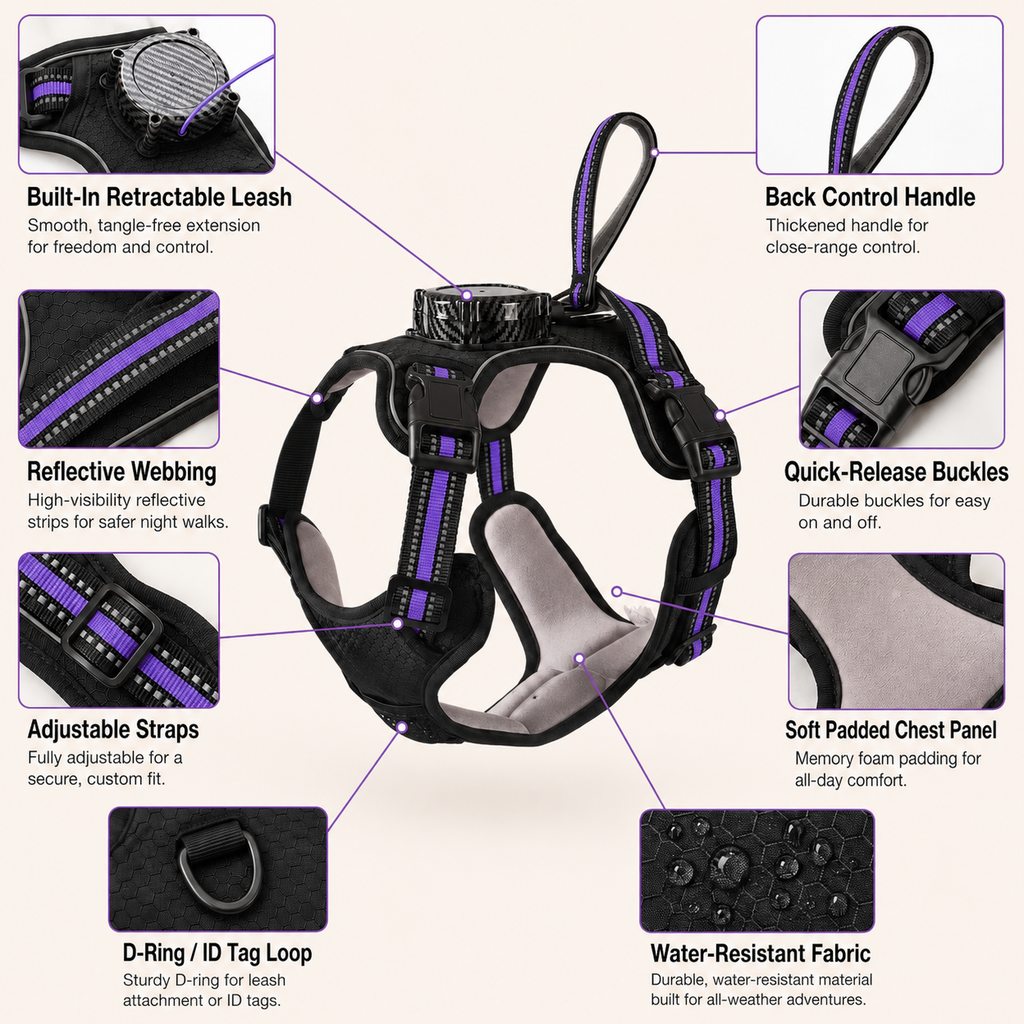 2-in-1 Reflective Dog Harness with Built-In Retractable Leash for Daily Walks