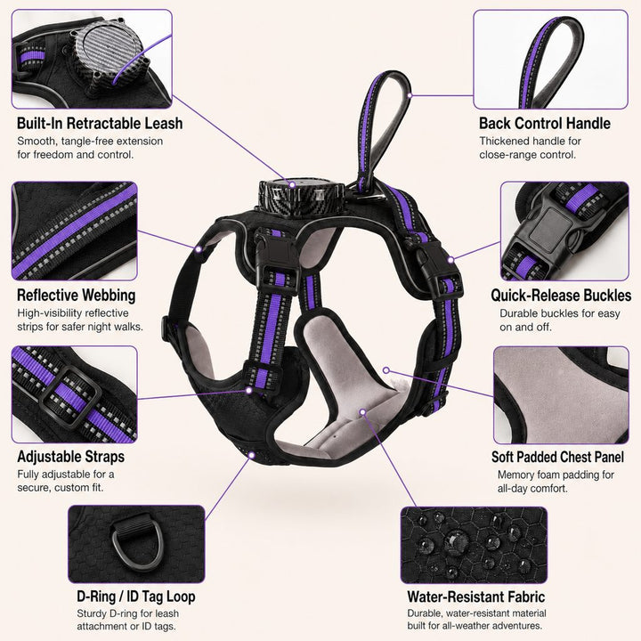 2-in-1 Reflective Dog Harness with Built-In Retractable Leash for Daily Walks