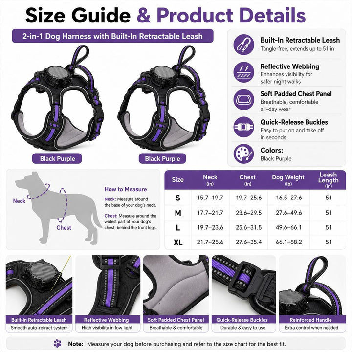 2-in-1 Reflective Dog Harness with Built-In Retractable Leash for Daily Walks