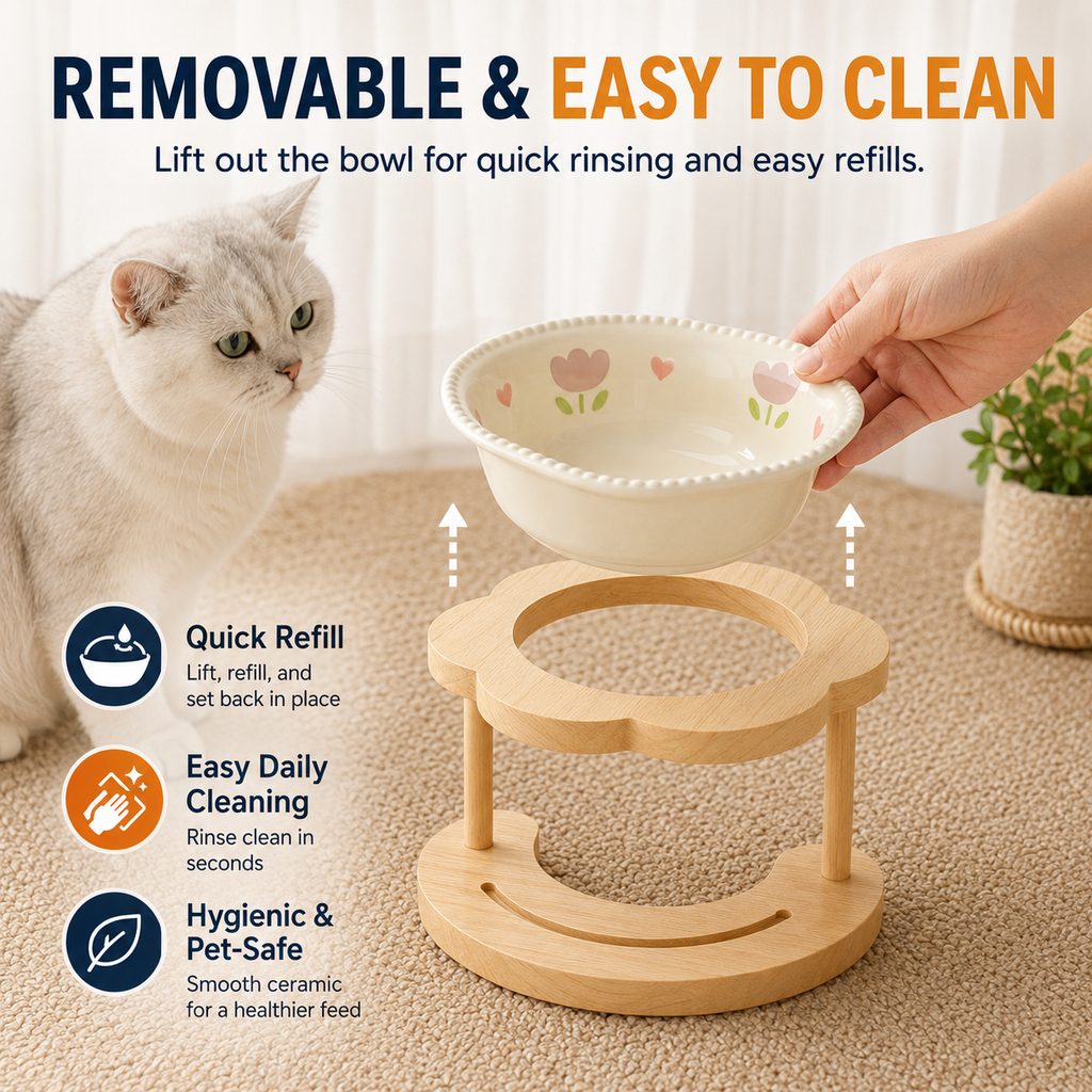 Elevated Ceramic Pet Bowl with Wooden Stand for Cats & Small Dogs