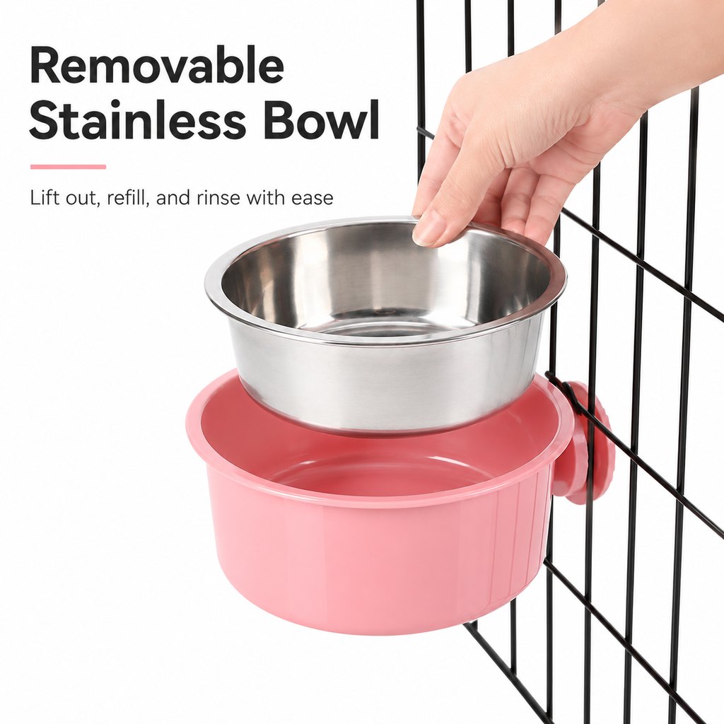 Crate-Mounted Stainless Steel Pet Bowl for Dogs & Cats