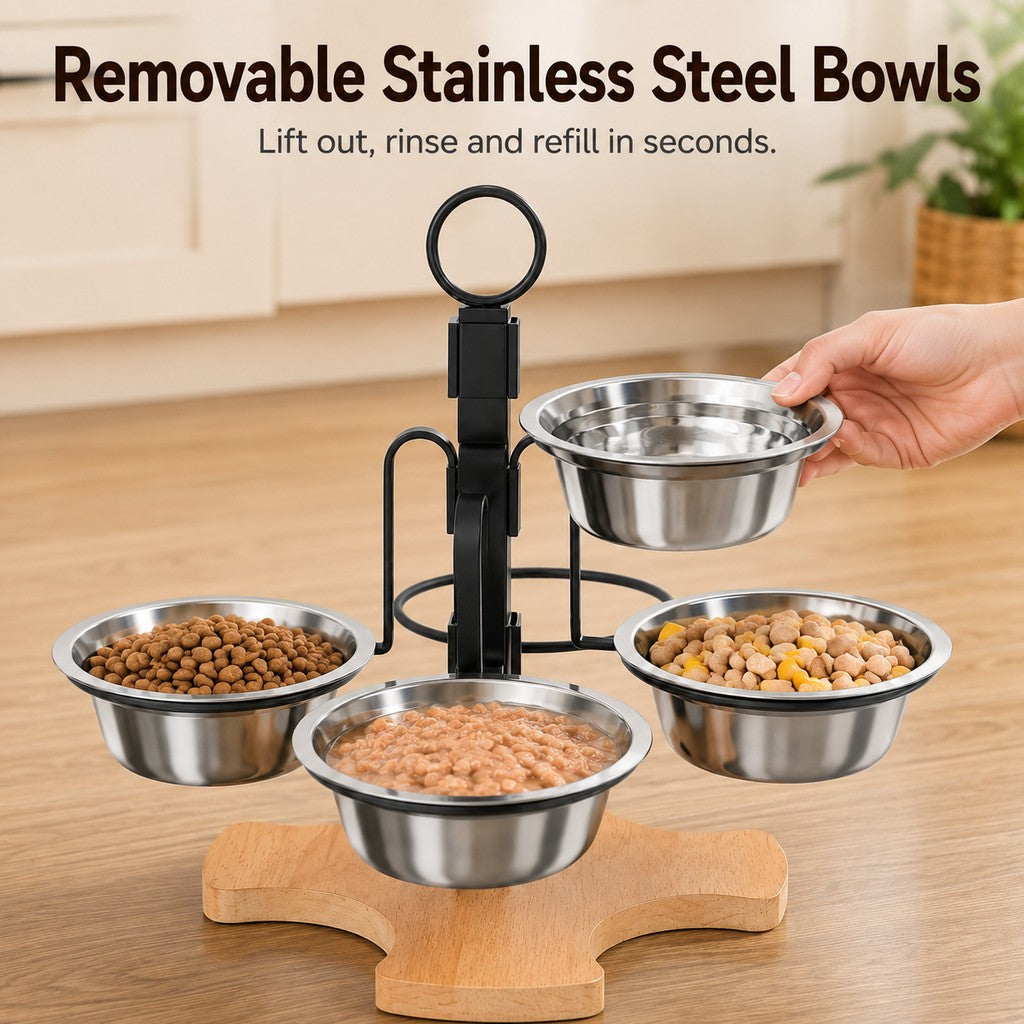 4-Bowl Adjustable Elevated Pet Feeder for Cats & Small Dogs | Organized Food and Water Station