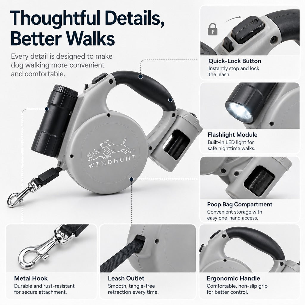 3-in-1 Retractable Dog Leash for Night Walks