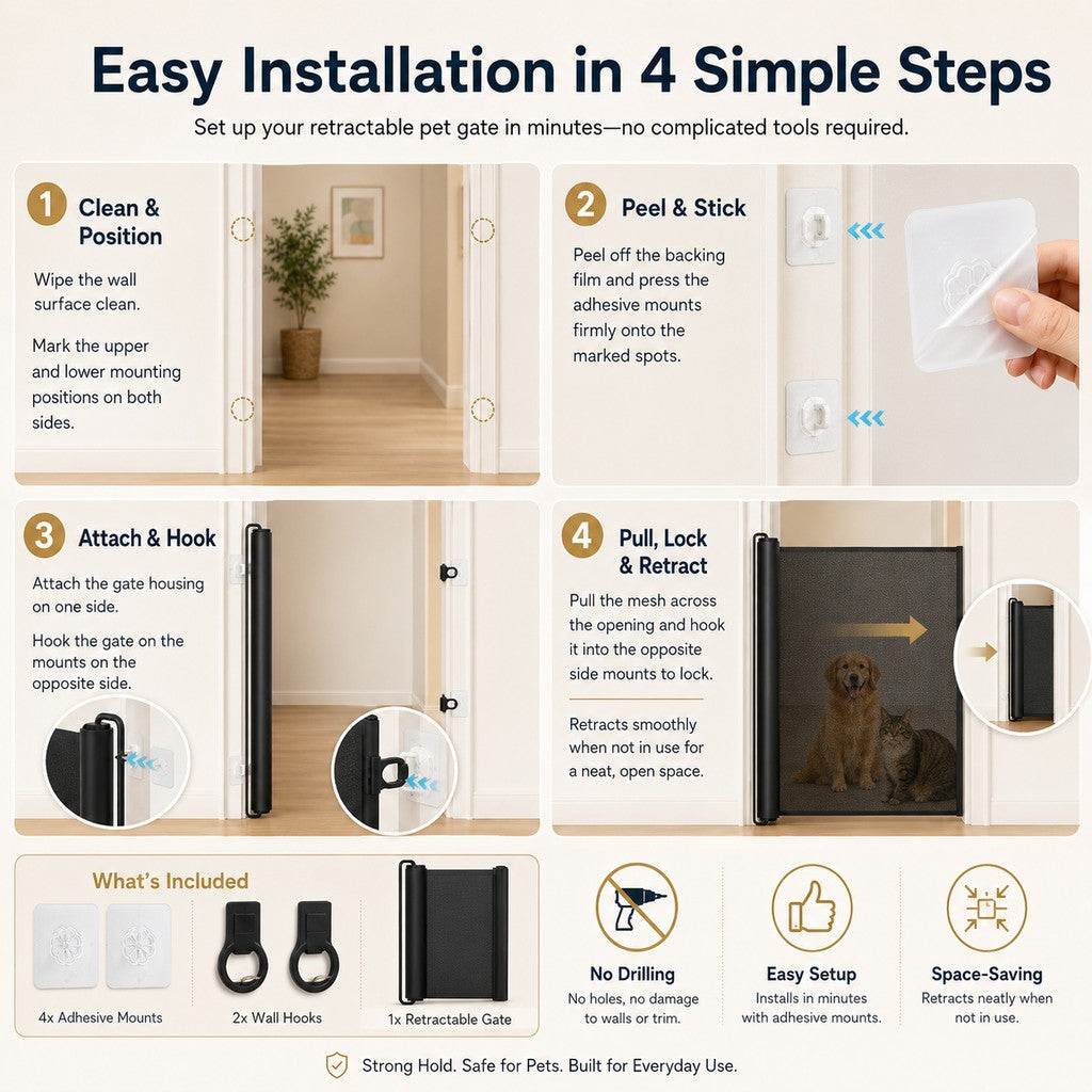 No-Drill Retractable Pet Gate for Doorways, Kitchens & Stairs