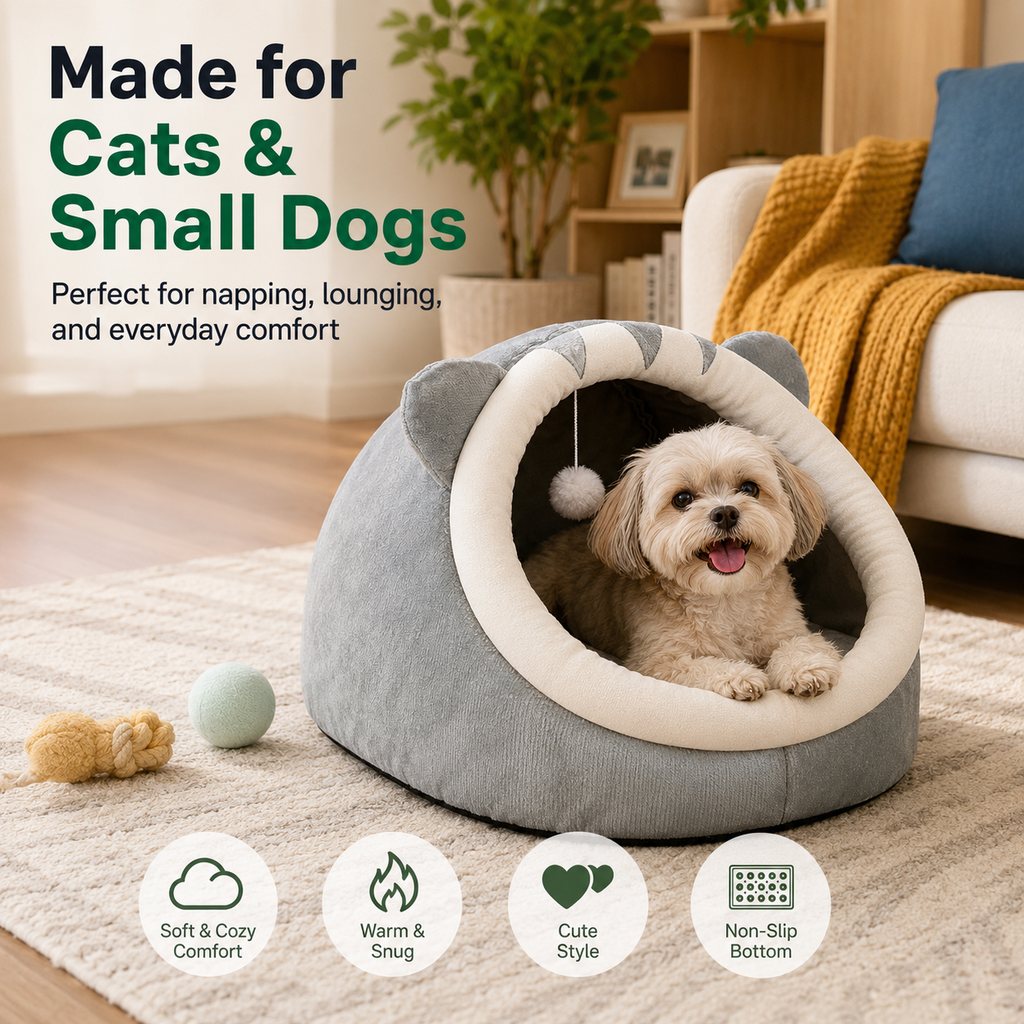Semi-Enclosed Plush Pet Bed for Cats & Small Dogs | Cozy Indoor Hideaway for Rest