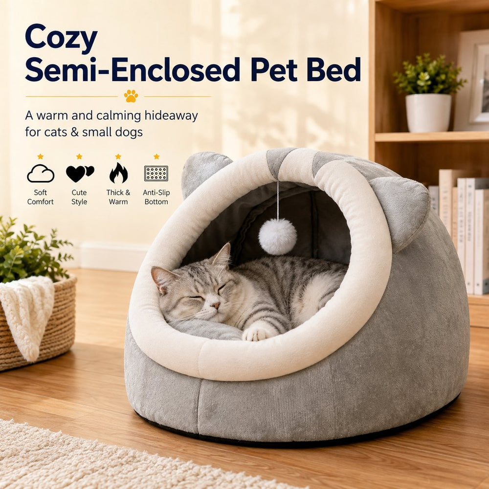 Semi-Enclosed Plush Pet Bed for Cats & Small Dogs | Cozy Indoor Hideaway for Rest